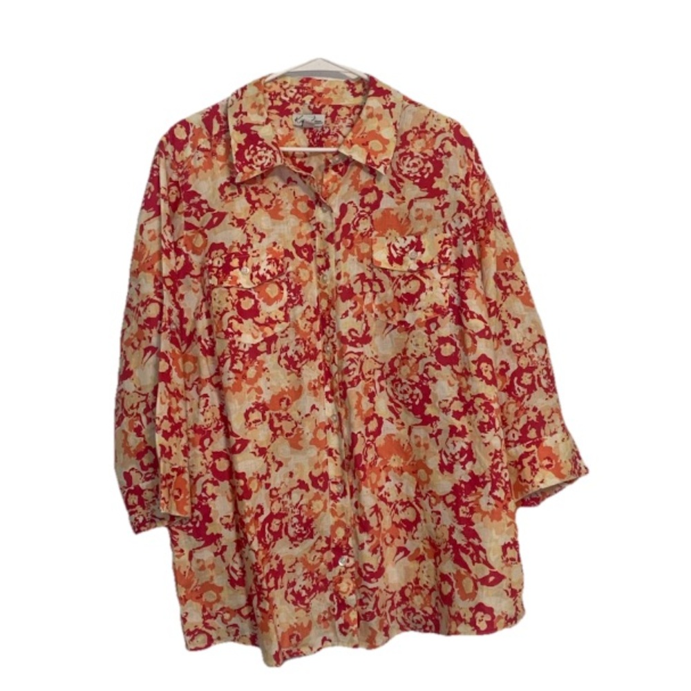 Kim Rodgers Women Sz 1X Floral Linen Button Down Pink & Orange Blouse 3/4 Sleeve